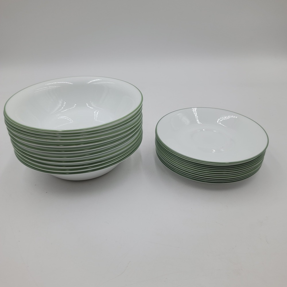 23pc Corelle by Corning Green Rim Vitrelle Bowls and Saucers Vintage USA Made